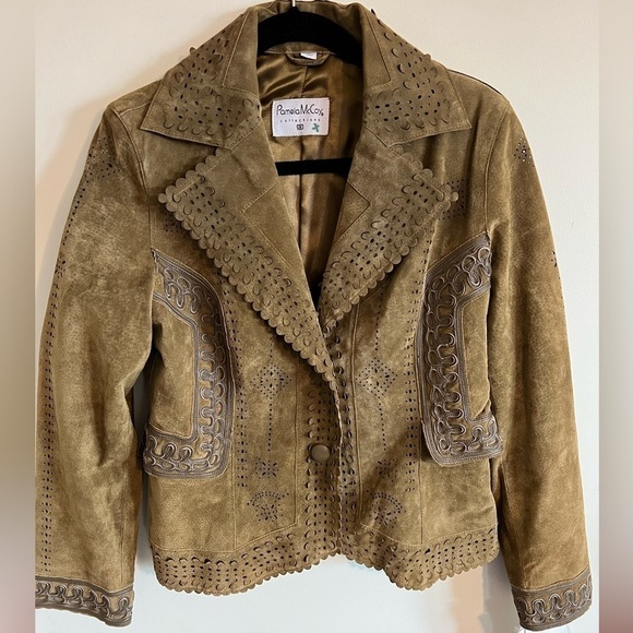 Pamela McCoy Collections Leather Blazer Snap Closure Front Cut Out Detail Olive - Picture 1 of 16